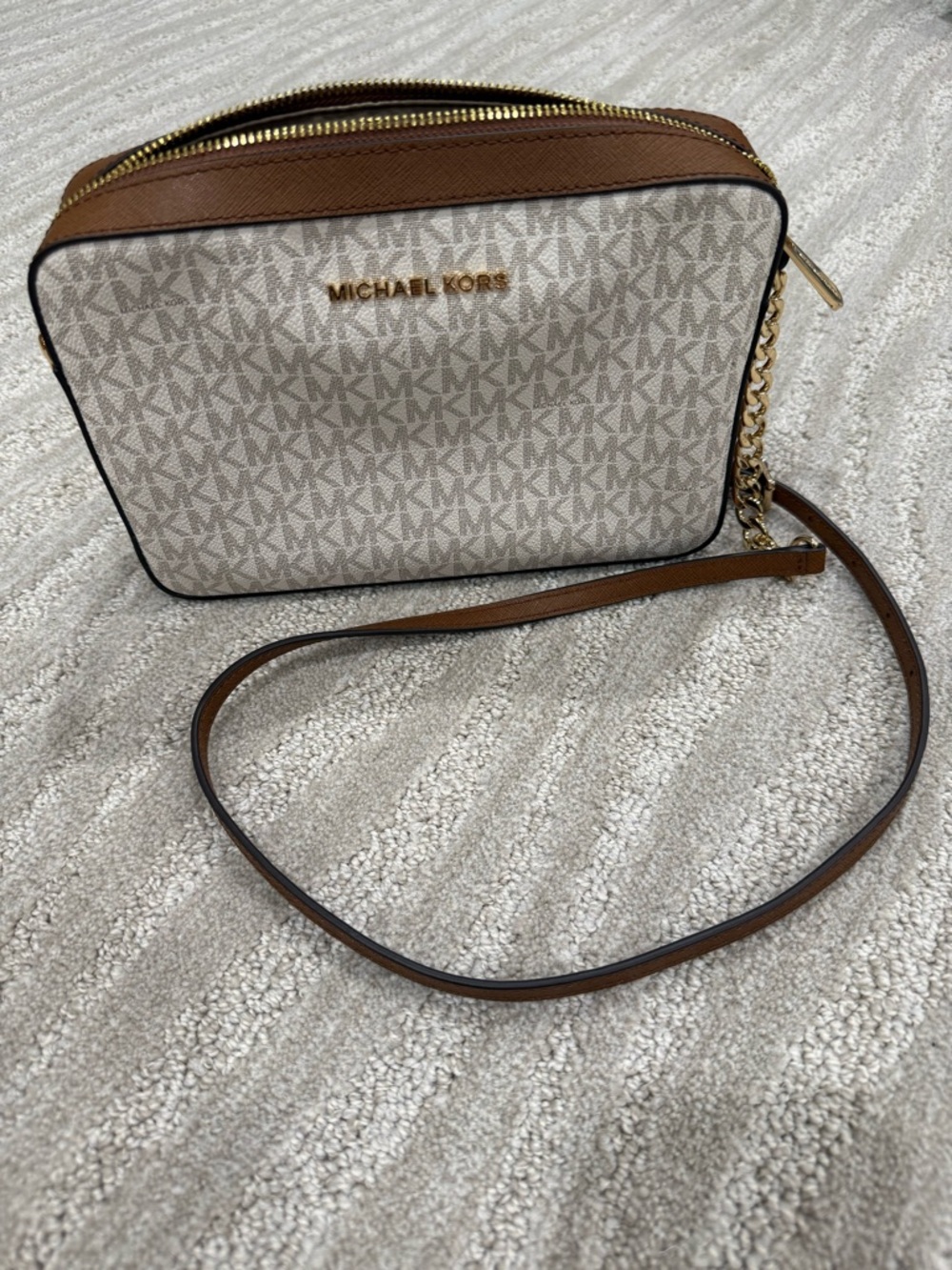 Michael Kors Beige Logo Crossbody with Brown Trim